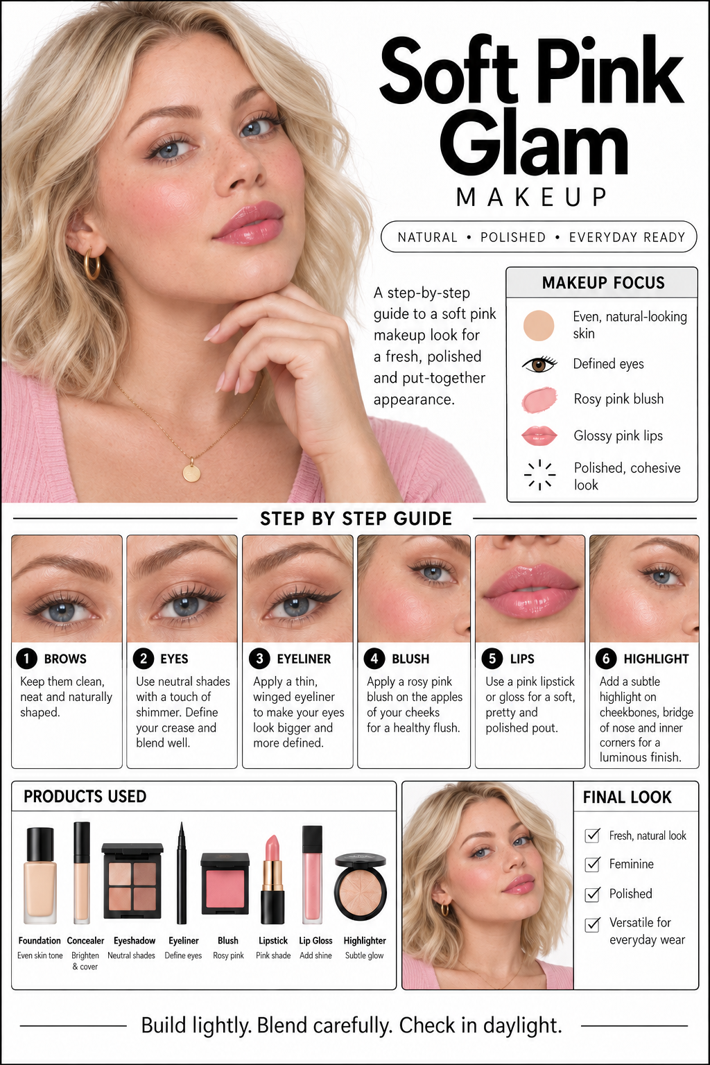 Soft pink glam: defined eyes and a rosy finish
